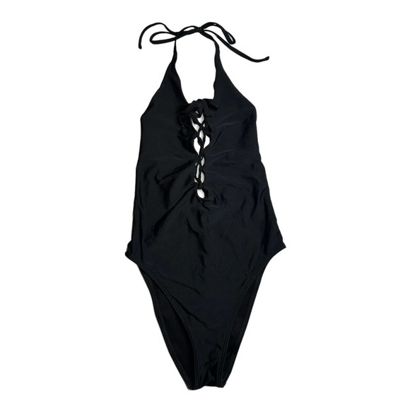 Aerie Solid Black Lace Up Front Plunge One Piece Halter Swimsuit Maillot Size M - Picture 1 of 7